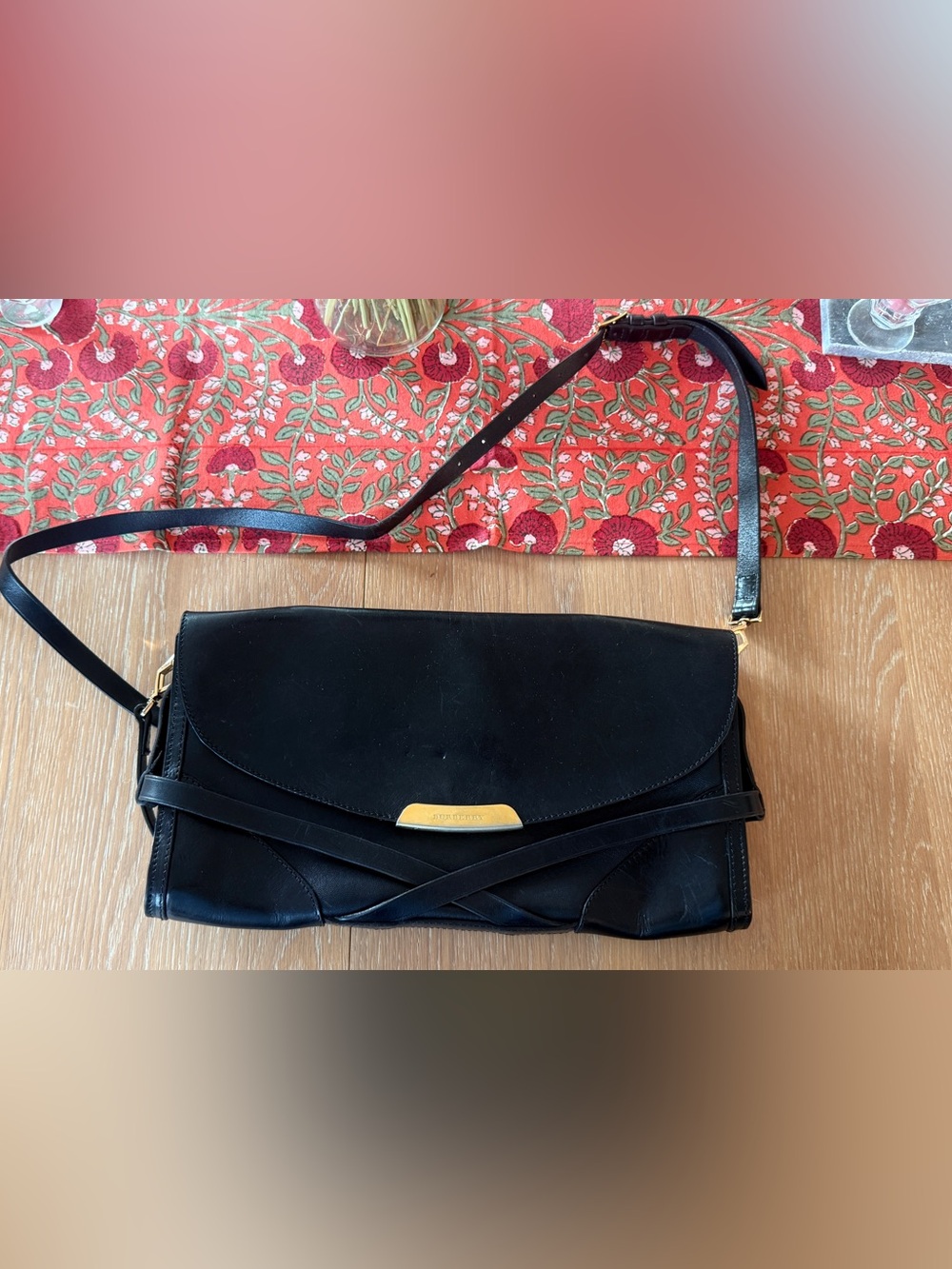Burberry Black Leather Clutch with Gold-Tone Plaque